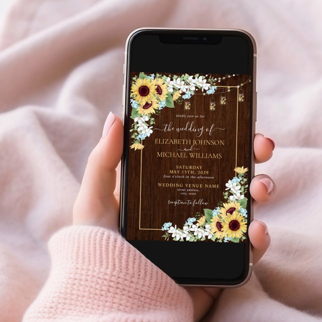 Convites Casamento de Foto Azul Rústico de Madeira Sunflowe (Criador carregado)