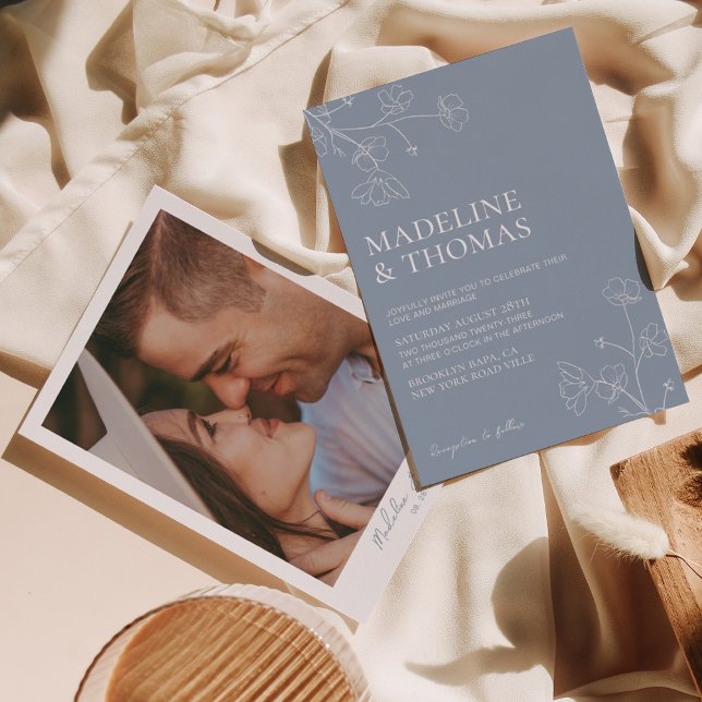 Convites Casamento de Foto Azul Simples Dusty (Criador carregado)