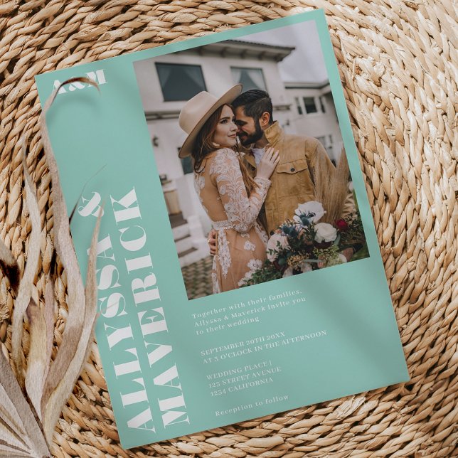 Convites Casamento de foto azul-turquesa simples e elegante (Elegant Bold simple turquoise blue photo wedding Invitation)