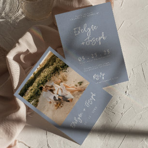 Convites Casamento de Foto Boho Minimalista Azul Elegante