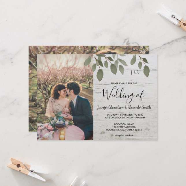 Convites Casamento de foto botânica monogramada em madeira  (Frente/Verso In Situ)