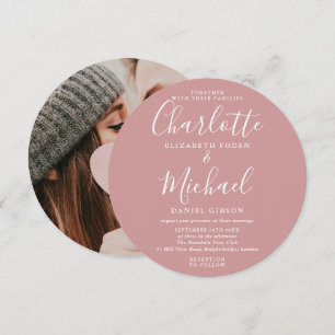 Convites Casamento de Foto Circular em Script Elegante Rosa