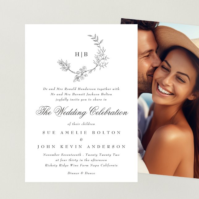 Convites Casamento de Foto Clássico Floral Wreath Monograma (Criador carregado)