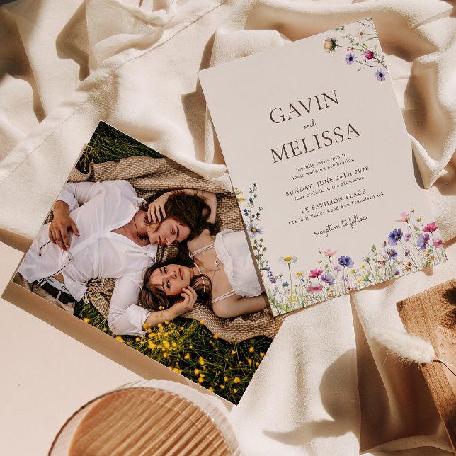 Convites Casamento de Foto Colorida Elegante Boho Wildflowe (Criador carregado)
