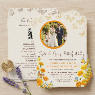 Convites Casamento de Foto com Borboleta Dourada e Flor Sil