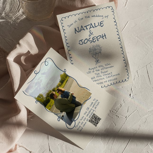 Convites Casamento de Foto com Código QR Azul de Marinho De (Criador carregado)