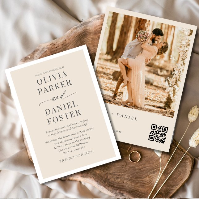 Convites Casamento de Foto com Código QR de Beige Neutro Mi (Criador carregado)