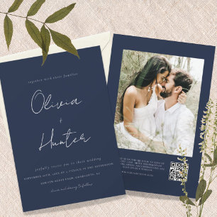 Convites Casamento de Foto com Código QR de Marinho Minimal