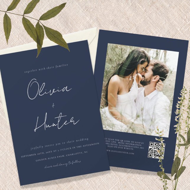 Convites Casamento de Foto com Código QR de Marinho Minimal (Criador carregado)