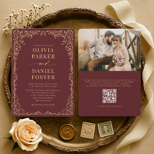 Convites Casamento de Foto com Código QR Elegante em Burgun