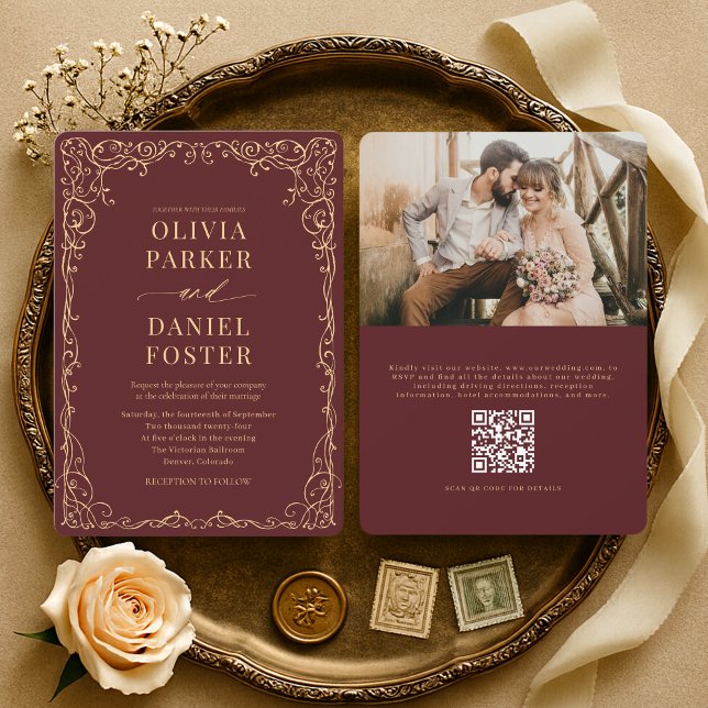 Convites Casamento de Foto com Código QR Elegante em Burgun (Criador carregado)