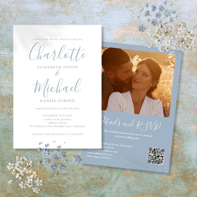 Convites Casamento de Foto com Código QR em Azul Desbotado  (Dusty Blue Elegant Script QR Code Photo Wedding Invitation)