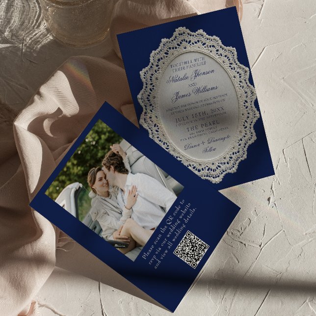 Convites Casamento de Foto com Código QR em Azul Marinho Vi (Criador carregado)