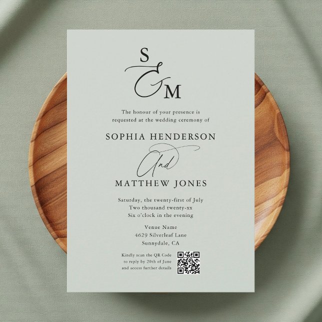 Convites Casamento de Foto com Código QR em Verde Salvia Mo (Criador carregado)