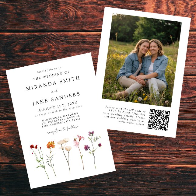 Convites Casamento de Foto com Código QR Floral Lésbica (Criador carregado)