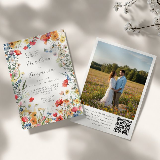 Convites Casamento de Foto com Código QR Floral Ousado (Criador carregado)