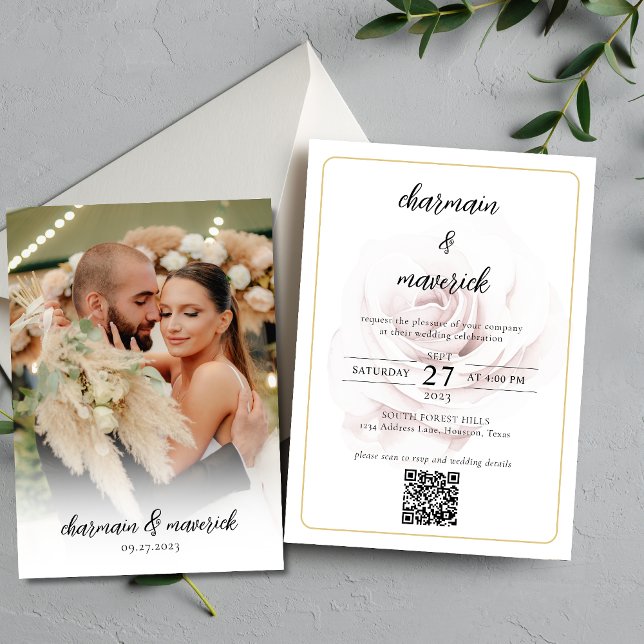 Convites Casamento de Foto com Código QR Rosa Rosa Mínimo S (Criador carregado)