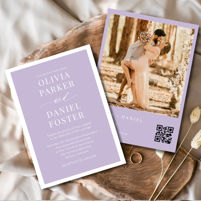 Convites Casamento de Foto com Código QR Roxo de Lavanda Mi (Criador carregado)