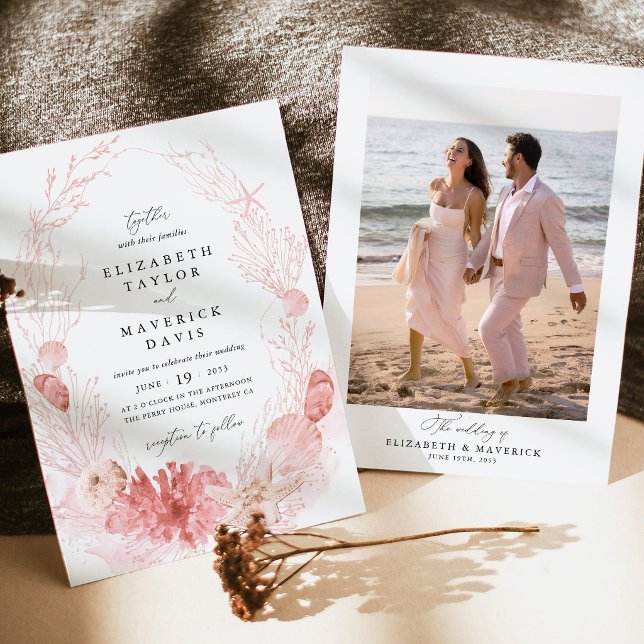 Convites Casamento de Foto com Conchas Marinhas da Costa de (Blush Beach Photo Wedding Invitation Coastal Wedding Seashell Ocean Destination Wedding Stationery)