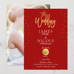 Convites Casamento de Foto com Folha Dourada e Vermelho Min