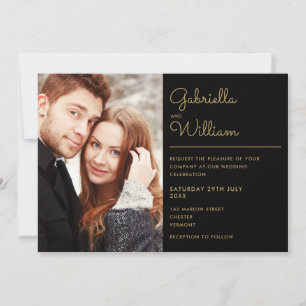 Convites Casamento de Foto com Letra Dourada e Preta Modern