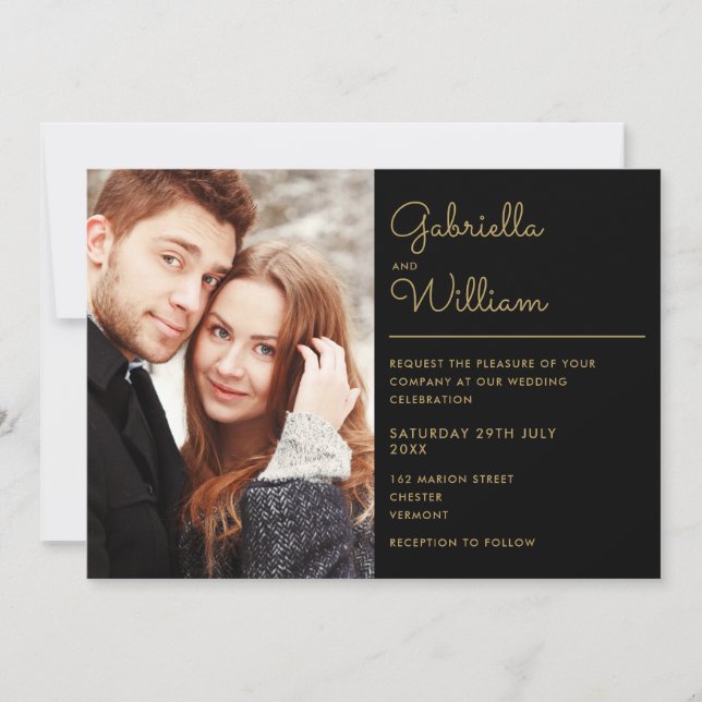 Convites Casamento de Foto com Letra Dourada e Preta Modern (Frente)