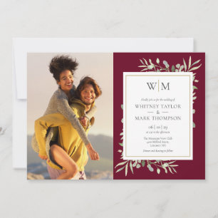 Convites Casamento de Foto com Monograma e Folhagem em Borg