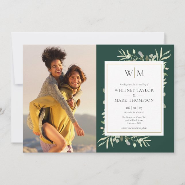 Convites Casamento de Foto com Monograma Esmeralda e Verdur (Frente)