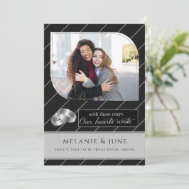 Convites Casamento de Foto com Pinstripe Preto gay e Lésbic