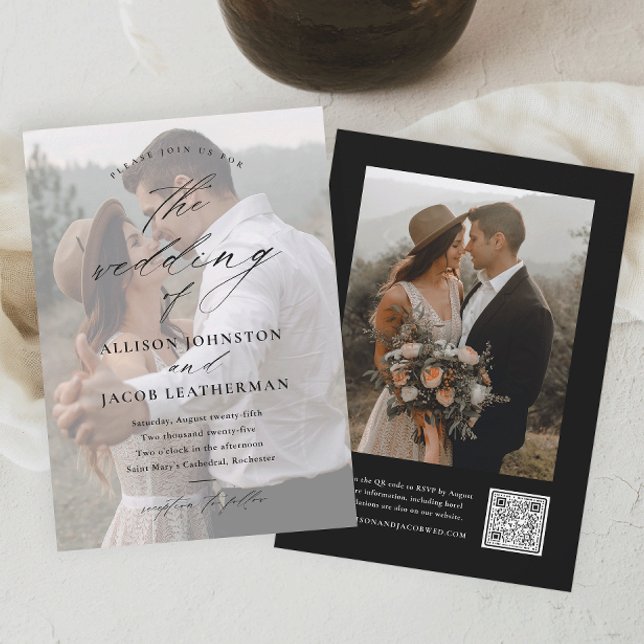 Convites Casamento de Foto com QR Code Elegante (Elegant photo wedding invitations with script typography overlay. The back has a QR Code RSVP.)