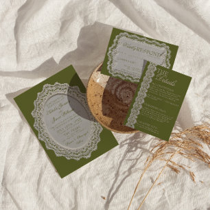 Convites Casamento de Foto com Renda Verde Oliva Vintage e