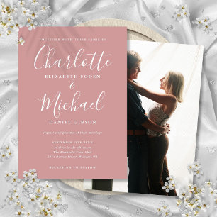 Convites Casamento de Foto com Rótulo Minimalista Rosa Empo