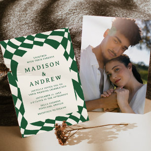 Convites Casamento de Foto com Xadrez Verde Retro
