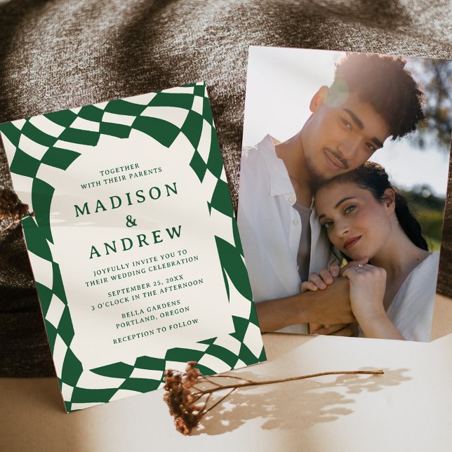 Convites Casamento de Foto com Xadrez Verde Retro (Criador carregado)