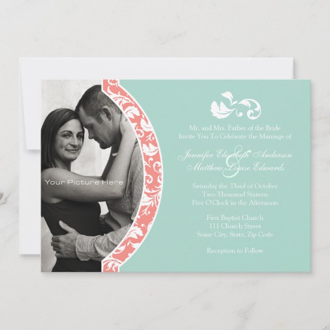 Convites Casamento de Foto Coral e Mint Damask (Frente)