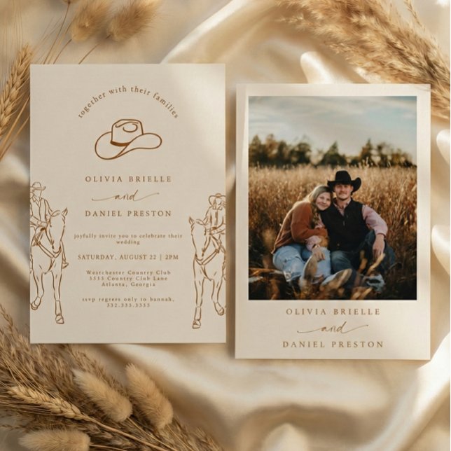 Convites Casamento de Foto Cowboy com Grama Pampas Boho Oci (Criador carregado)