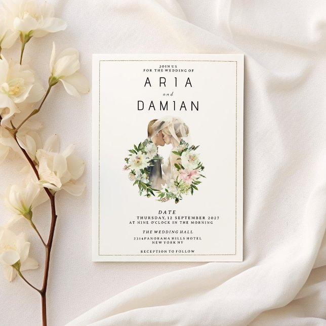 Convites Casamento de foto de casal floral branco-rosa (Mint pink white floral couple photo Wedding)