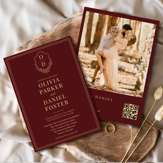 Convites Casamento de Foto de Crest de Código QR Dourado Bu (Criador carregado)