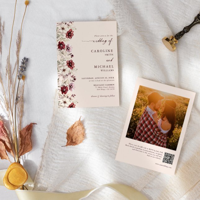Convites Casamento de Foto de Flor Selvagem Burgundy Código (Criador carregado)