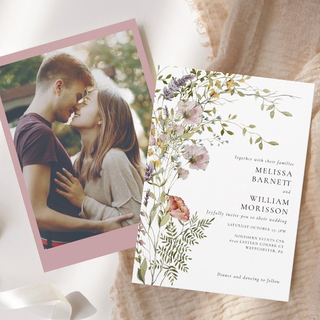 Convites Casamento De Foto De Flor Selvagem Floral Elegante (Elegant Floral Wildflower Photo Wedding Invitation)