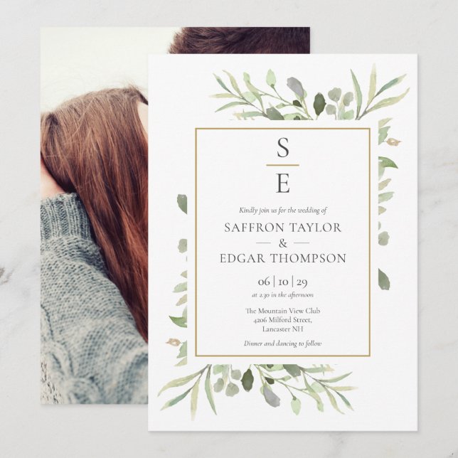 Convites Casamento de Foto de Folhagem Greenery (Frente/Verso)