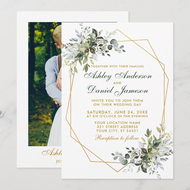 Convites Casamento de Foto de Geo Frame Dourado em Aquarela (Frente/Verso)