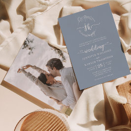 Convites Casamento de Foto de Monograma Azul Floral Dusty