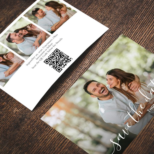Convites Casamento de Foto de Script Simples Salvar a Data (Wedding save-the-date photo card with a scannable QR code. )
