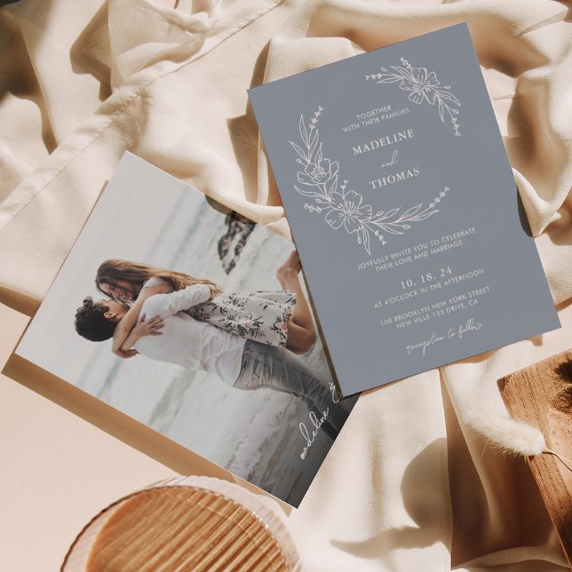 Convites Casamento de Foto de Terra Floral Azul Elegante (Criador carregado)