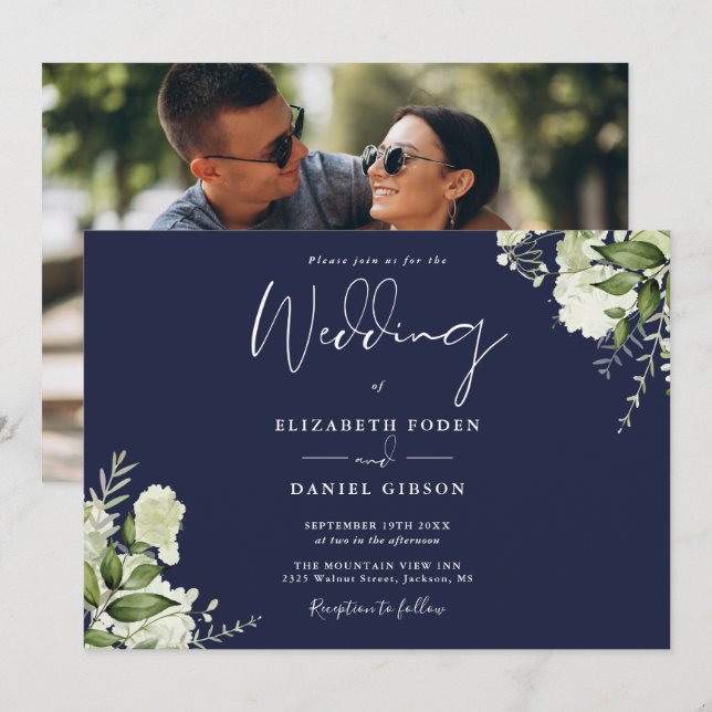 Convites Casamento de Foto de Verde Botânico Azul-Marinho  (Frente/Verso)