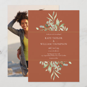 Convites Casamento de Foto de Verde Eucalipto Terracota