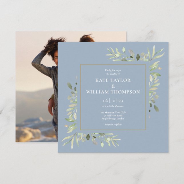 Convites Casamento de Foto de Verdura Botânica Azul Empoeir (Frente/Verso)