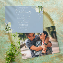 Convites Casamento de Foto de Verdura Botânica Azul Empoeir