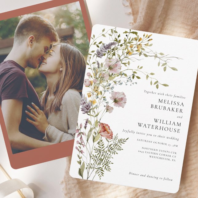 Convites Casamento de Foto de Vidraça Selvagem Elegante (Elegant Watercolor Wildflower Photo Wedding Invitation)